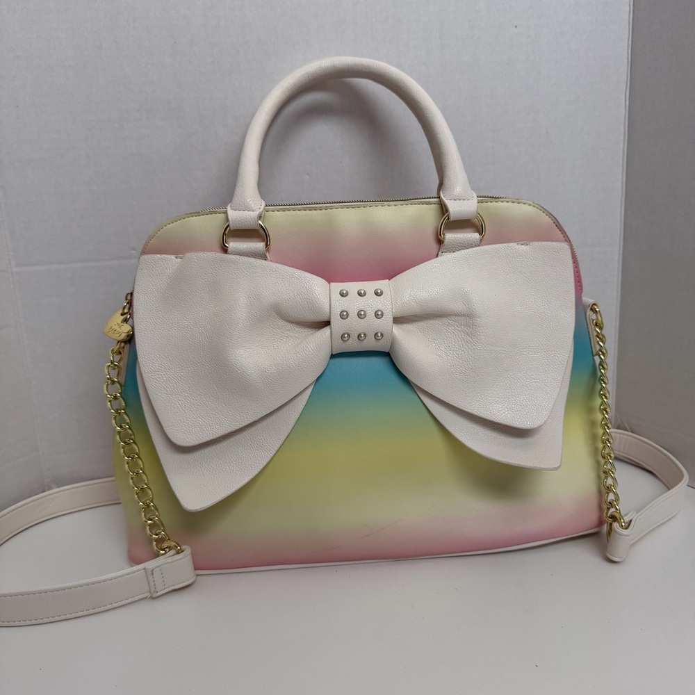 Betsey Johnson Purse Handbag Crossbody Bow Studded Chain Rainbow Floral Gold